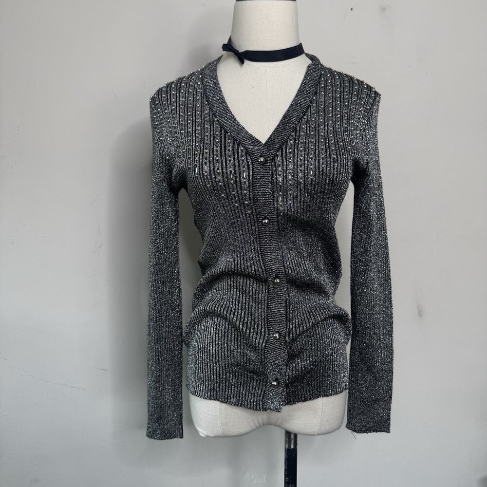 Vintage 60s Metallic Beaded Cardigan Ribbed Knit Top M